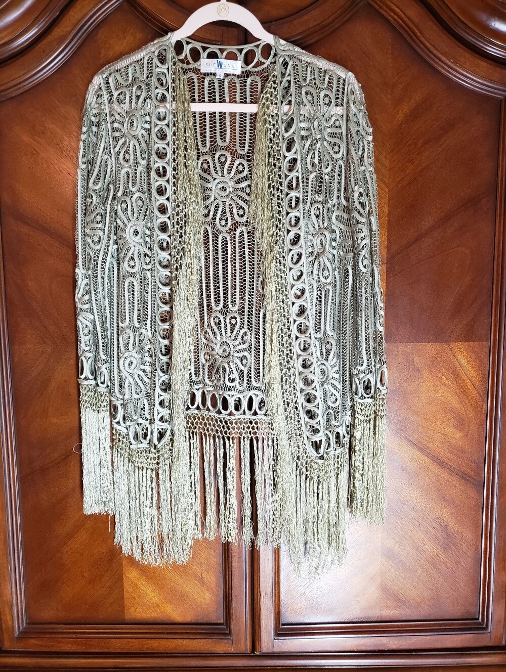 Sue Wong Nocturne 100% Silk Crochet Lace Fringe Jacket Duster Gold Sage Sz 6